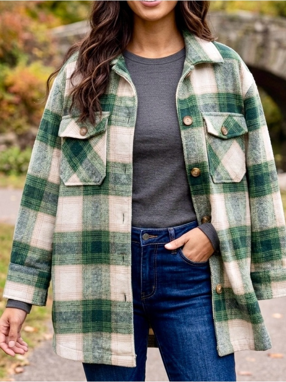 Expressions Green & Cream Plaid Shacket Utility Jacket